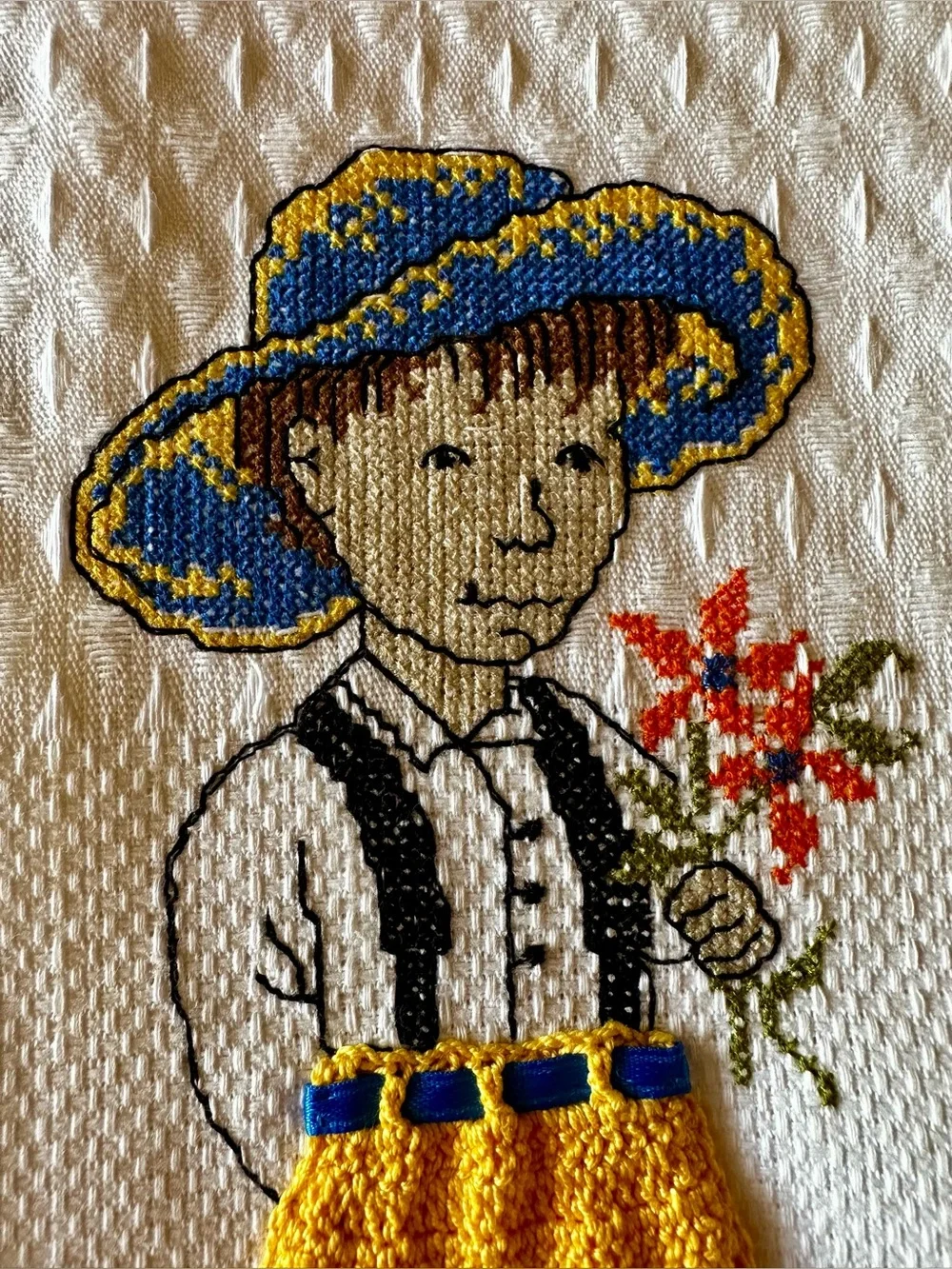 NWOT Pair of embroidered and crocheted tea towels. White cotton waffle weave.